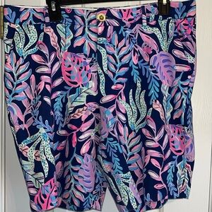 Lilly Pulitzer Navy Tropical Leaf Print Bermuda Shorts in Pink, Aqua & Lavender